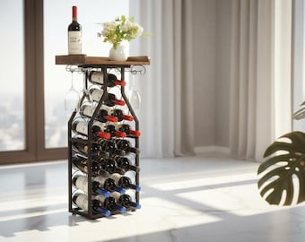 Rustic Wine Rack Table with Glass Holder