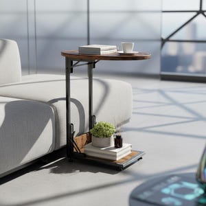 May include: A brown and black side table with a round top and a lower shelf. The table has a cup and books on top, and a small plant on the shelf. The table is next to a white sofa.