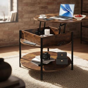 May include: A lift-top coffee table with a dark wood finish and black metal frame. The table has a round top with a laptop, coffee cup, and bowl of fruit. The lower section has two shelves with a remote, camera, and decorative boxes.