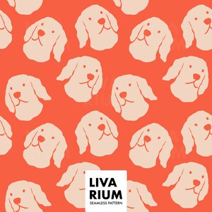 May include: Seamless pattern featuring repeating illustrations of a dog's face in a light beige color. The dog illustrations are set against a vibrant orange background. The pattern includes the text "LIVARIUM SEAMLESS PATTERN" in a white box.