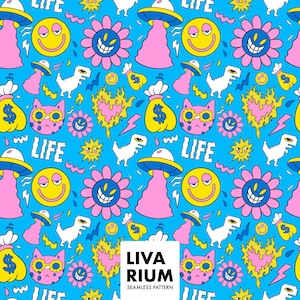May include: A vibrant seamless pattern on a blue backdrop, featuring cartoon illustrations of smiley faces, flowers, UFOs, dinosaurs, money bags, and cats. The word "LIFE" is incorporated. The design uses pink, yellow, white, and black elements.