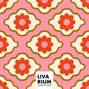 Puede incluir: Patrón floral repetido con flores naranjas y pétalos crema, contorneados en dorado, sobre un fondo rosa. El diseño incluye el texto "LIVA RIUM SEAMLESS PATTERN" en un cuadro blanco. Patrón sin costuras.