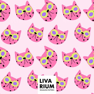May include: A seamless pattern featuring stylized pink cat faces with black spots, yellow and purple accents, and black whiskers. The background is a light pink. The pattern includes the text "LIVARIUM SEAMLESS PATTERN".