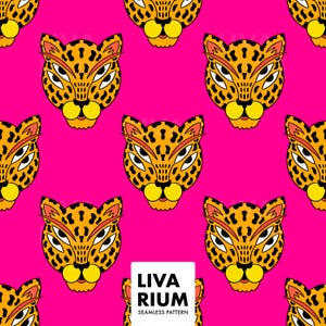 Könnte beinhalten: Nahtloses Muster mit stilisierten Leopardenköpfen in Gelb, Orange und Schwarz auf leuchtend pinkfarbenem Hintergrund. Die Leopardenköpfe haben mehrere Augen und sind gleichmäßig verteilt. Der Text "LIVARIUM SEAMLESS PATTERN" befindet sich in einem weißen Rechteck.