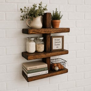 Peut inclure: Une étagère murale en bois brun foncé à trois niveaux. L'étagère supérieure contient un pichet crème avec de la verdure et une petite plante en pot. L'étagère centrale présente deux bocaux en verre et un panneau indiquant Home Sweet Home. L'étagère inférieure contient des livres et un panier en fil métallique.