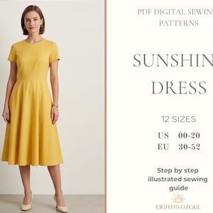 Könnte beinhalten: Eine Frau trägt ein gelbes Kleid mit kurzen Ärmeln und einem ausgestellten Rock. Das Kleid ist knielang. Der Text lautet "SUNSHINE DRESS" und "12 GRÖSSEN". Es ist ein digitales PDF-Schnittmuster.