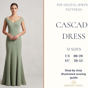 May include: A woman models a sage green, off-the-shoulder Cascade dress. The image includes text: "PDF Digital Sewing Patterns," "Cascade Dress," and size information for US and EU sizes. The dress is a PDF digital sewing pattern.