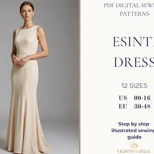 Puede incluir: Un vestido largo hasta el suelo, sin mangas y de color crema, con un corpiño ajustado y una falda acampanada. El texto dice: PDF DIGITAL SEWING PATTERNS, ESINTI DRESS, 12 SIZES, US 00-16, EU 30-48, Step by step illustrated sewing guide, LIGHTBYOZGUL.