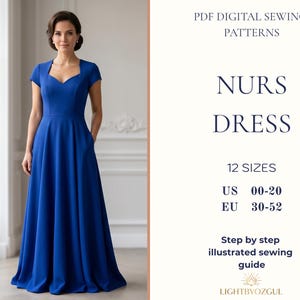 May include: A woman wearing a long, royal blue dress with a square neckline and short sleeves. The dress has pockets and a flowing skirt. Text on the right reads "NURS DRESS" and "PDF DIGITAL SEWING PATTERNS". Sizes US 00-20 and EU 30-52 are listed.