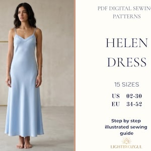 Puede incluir: Un vestido lencero azul claro con tirantes finos y escote en V. El texto dice: PDF DIGITAL SEWING PATTERNS, HELEN DRESS, 15 SIZES, US 02-30, EU 34-52, Step by step illustrated sewing guide y el nombre de marca LIGHTBYOZGUL.