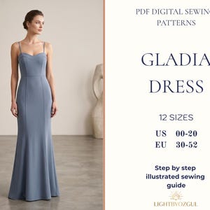 Puede incluir: Una mujer modela un vestido azul polvoriento hasta el suelo con tirantes finos. El vestido presenta un corpiño ajustado y una falda acampanada. El texto dice "GLADIA DRESS" y "PDF DIGITAL SEWING PATTERNS". Tallas 00-20 disponibles.