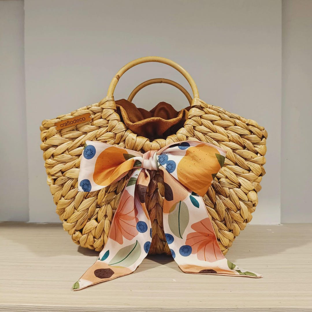 Woven Water Hyacinth Handbag With Floral Scarf – Handmade Picnic Tote ...