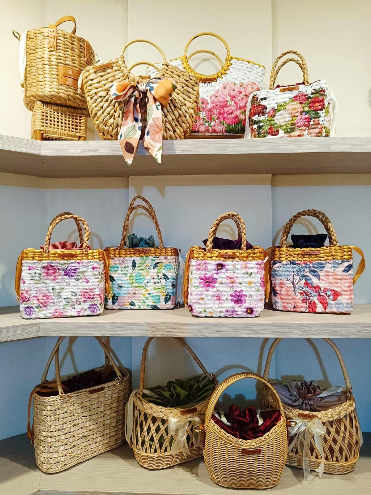 Woven Water Hyacinth Handbag With Floral Scarf – Handmade Picnic Tote ...