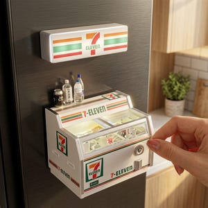 Könnte beinhalten: Ein Miniatur-7-Eleven-Kühlschrank-Magnet-Set. Das Set enthält ein rechteckiges Schild und einen kleinen Kühlschrank mit dem 7-Eleven-Logo. Der Kühlschrank hat eine transparente Vitrine und ist mit Miniaturartikeln bestückt.