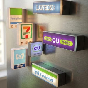 Könnte beinhalten: Eine Sammlung beleuchteter Miniatur-Schilder mit verschiedenen Logos von Convenience-Stores, darunter "LAWSON", "FamilyMart" und "7-Eleven". Die rechteckigen Schilder strahlen ein sanftes Licht aus, mit Texten und Logos in verschiedenen Farben. Einige Schilder enthalten auch die Texte "Nice to CU" und "24h Open".