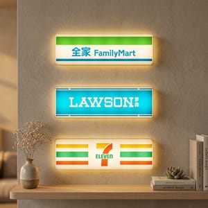 May include: Three illuminated rectangular signs with the logos of Japanese convenience stores FamilyMart, Lawson, and 7-Eleven. The signs are mounted on a neutral-colored wall, with a wooden shelf below holding a vase, books, and a succulent.