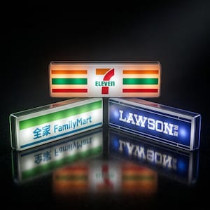 Puede incluir: Tres letreros rectangulares iluminados con los logotipos de tiendas de conveniencia. El letrero superior muestra el logotipo de 7-Eleven con rayas naranjas, verdes y rojas. El letrero de FamilyMart es verde y blanco. El letrero de Lawson es azul y blanco.