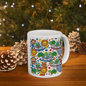 Colorful Safari Animal Stack Mug | Cute Monkey Lion Elephant Turtle Design