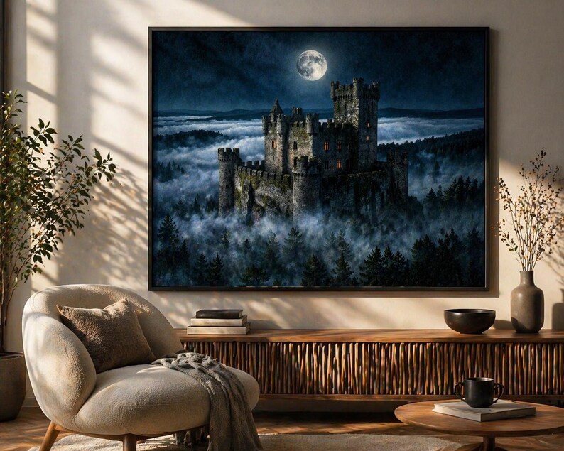 Moonlit Gothic Castle Print, Dark Academia Misty Forest Landscape ...