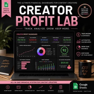 Peut inclure: Un écran d'ordinateur portable affiche le tableau de bord financier Creator Profit Lab pour les créateurs de contenu, avec des graphiques et des données sur les revenus, les dépenses et les profits. L'interface inclut un logo Google Sheets.