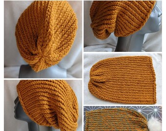 Hand knitted slouch Beanie. Super Soft, Chunky Knit. Optional Pom-pom Ready to Ship.