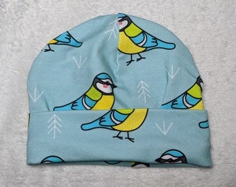 May include: A light blue baby hat with a pattern of bluebirds and white pine trees.
