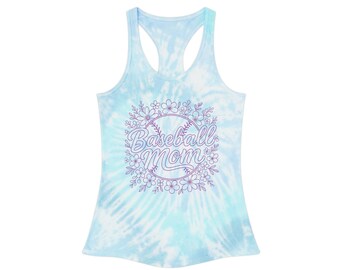 Camiseta sin mangas/de espalda cruzada con estampado tie-dye de corona floral para mamás de béisbol.