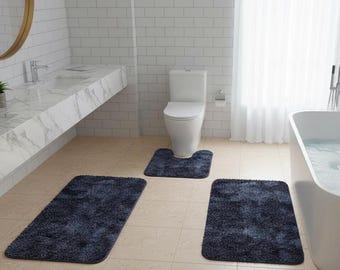 3-Piece Bathroom Rug Set, Non-Slip Microfiber Mats, Absorbent Toilet Contour Mat, Dark Blue Bathroom Floor Mats