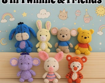 8in1 PDF PATTERN Winnie the Pooh and Friends, crochet pattern, easy amigurumi baby toy, Eeyore, Roo, Piglet, Tigger, Rabbit