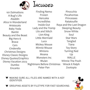 May include: A list of Disney movie titles and characters, including Mickey Mouse and Minnie Mouse, with the word "Included" at the top. The list features titles like "Frozen," "Toy Story," and "The Lion King," along with other Disney-related designs.