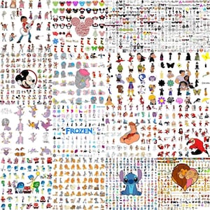 May include: A collage of various cartoon character images, including Mickey Mouse, Dumbo, Stitch, and characters from Frozen. The images are in various colors and styles, suitable for crafting or design projects.