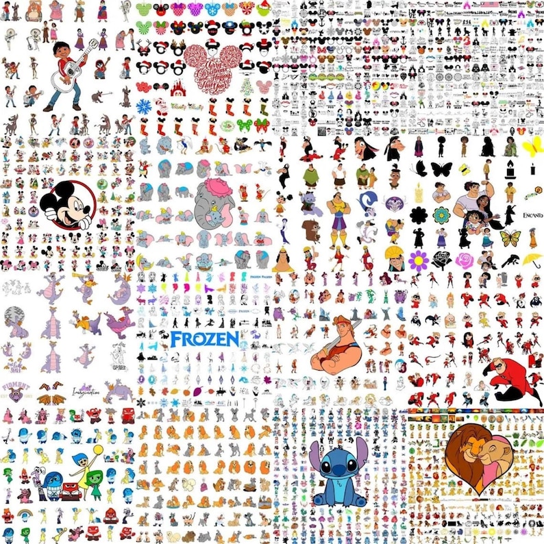May include: A collage of various cartoon character images, including Mickey Mouse, Dumbo, Stitch, and characters from Frozen. The images are in various colors and styles, suitable for crafting or design projects.