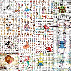 May include: A collage of various cartoon characters, including Disney princesses, Mickey Mouse, and characters from popular animated movies. The image is filled with colorful illustrations of characters like Ariel, Belle, and Stitch.