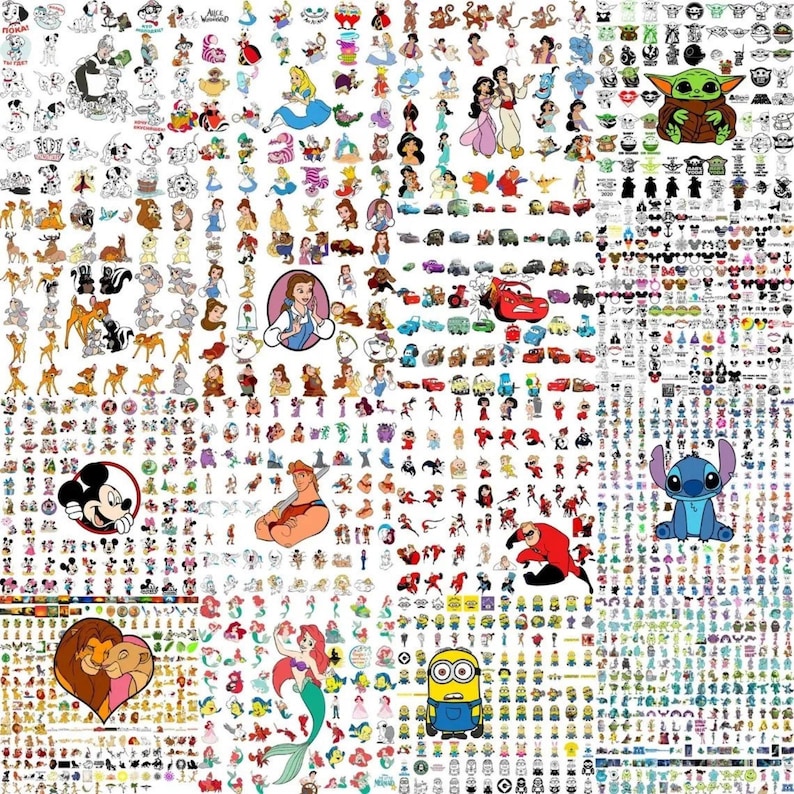 May include: A collage of various cartoon characters, including Disney princesses, Mickey Mouse, and characters from popular animated movies. The image is filled with colorful illustrations of characters like Ariel, Belle, and Stitch.