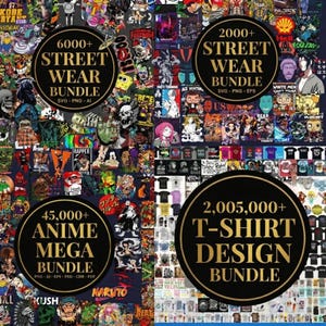 Könnte beinhalten: Eine Collage mit Streetwear- und Anime-Designs. Vier kreisförmige Grafiken zeigen Text: "6000+ Street Wear Bundle", "2000+ Street Wear Bundle", "45.000+ Anime Mega Bundle" und "2,005,000+ T-Shirt Design Bundle".
