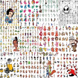 May include: A collage of cartoon character illustrations, including Disney princesses, Toy Story characters, and characters from other animated films. The characters are in various poses and styles, with a mix of colors and designs.
