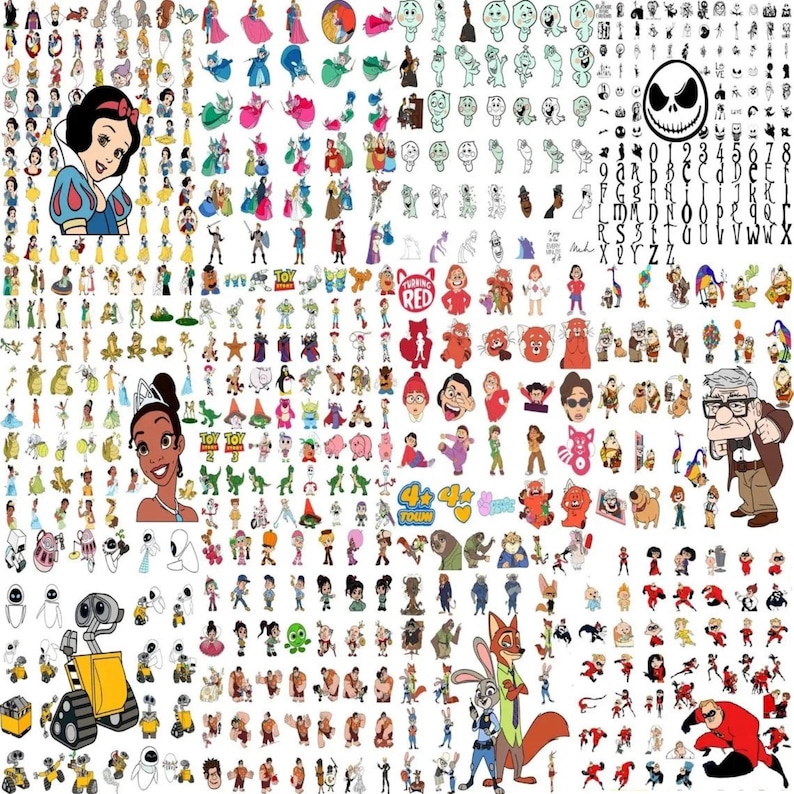 May include: A collage of cartoon character illustrations, including Disney princesses, Toy Story characters, and characters from other animated films. The characters are in various poses and styles, with a mix of colors and designs.