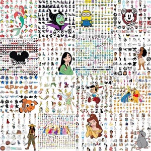 May include: A collage of various cartoon character illustrations, including Disney characters like Ariel, Maleficent, a Minion, Mickey Mouse, Mulan, and Moana. The image features a variety of colorful designs and styles, showcasing a collection of popular animated figures.