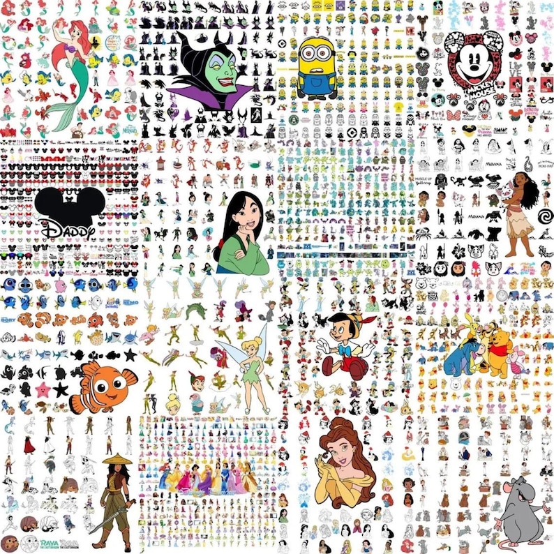 May include: A collage of various cartoon character illustrations, including Disney characters like Ariel, Maleficent, a Minion, Mickey Mouse, Mulan, and Moana. The image features a variety of colorful designs and styles, showcasing a collection of popular animated figures.