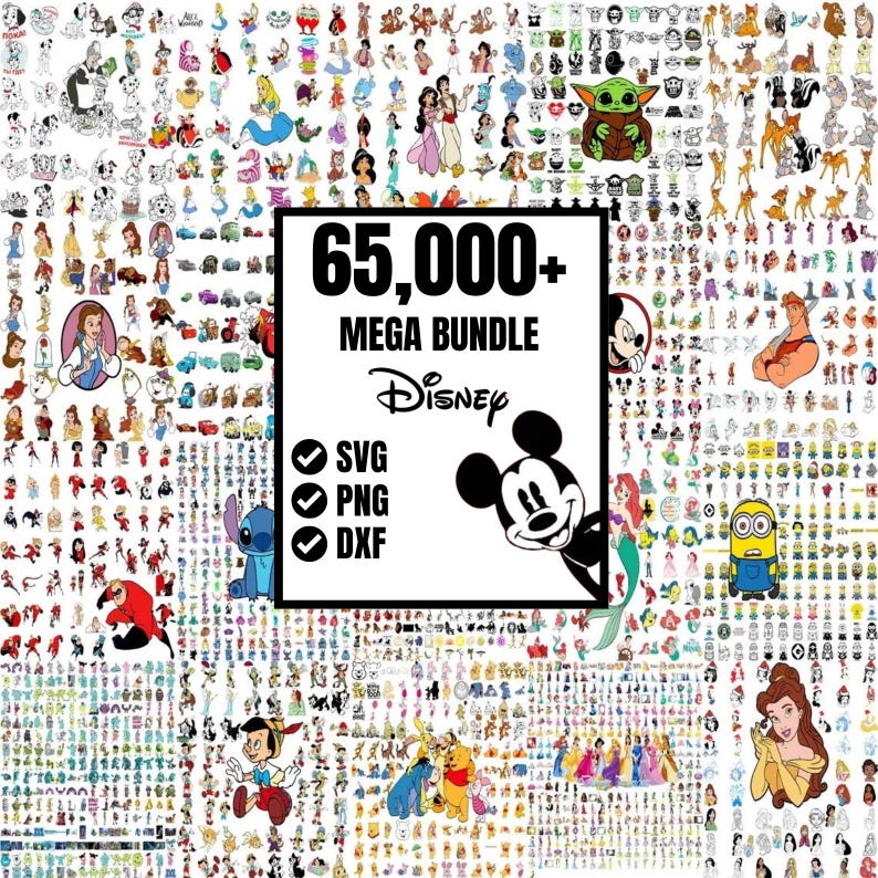 May include: A collection of Disney character illustrations, including Mickey Mouse, princesses, and other animated figures. The image features the text "65,000+ MEGA BUNDLE Disney" with SVG, PNG, and DXF file format options.