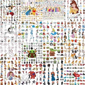 May include: A collage of various cartoon character illustrations, including Disney princesses, Winnie the Pooh, Pinocchio, and Baby Yoda. The images are in various colors and styles, suitable for crafting or design projects.