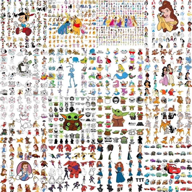 May include: A collage of various cartoon character illustrations, including Disney princesses, Winnie the Pooh, Pinocchio, and Baby Yoda. The images are in various colors and styles, suitable for crafting or design projects.