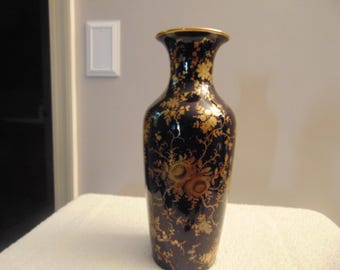 Vintage Cobalt Blue Porcelain Vase with Gold Gilded Floral