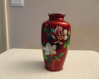 Japanese Pigeon Blood Red Cloisonne Vase Floral Design
