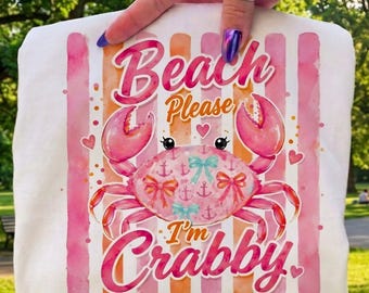 Preppy Crab Summer PNG, Retro Summer Coastal Stripes, Funny Beach Girly Shirt, Trendy Nautical Spring Vacation Shirt, Pink Watercolor PNG
