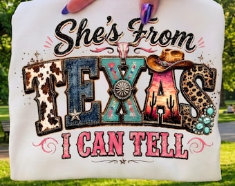 She’s From Texas I Can Tell PNG, Leopard Western Cowgirl Hat, Southern Country Design, Retro Pride Texas Girl, Denim Bull Skull Sublimation