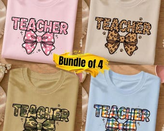 Coquette Bow Teacher PNG Bundle, Teacher Appreciation Design, Leopard Polka Dot Check Camo PNG, Elementary Prek Teacher, Back to School PNG