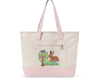 Bunny in Garden Zippered Canvas Tote | Floral Rabbit Illustration