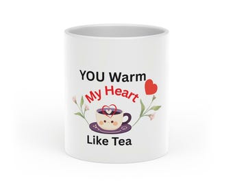 Tea Mug With Heart Handle | Cozy Floral Illustration, 11oz Ceramic Cup