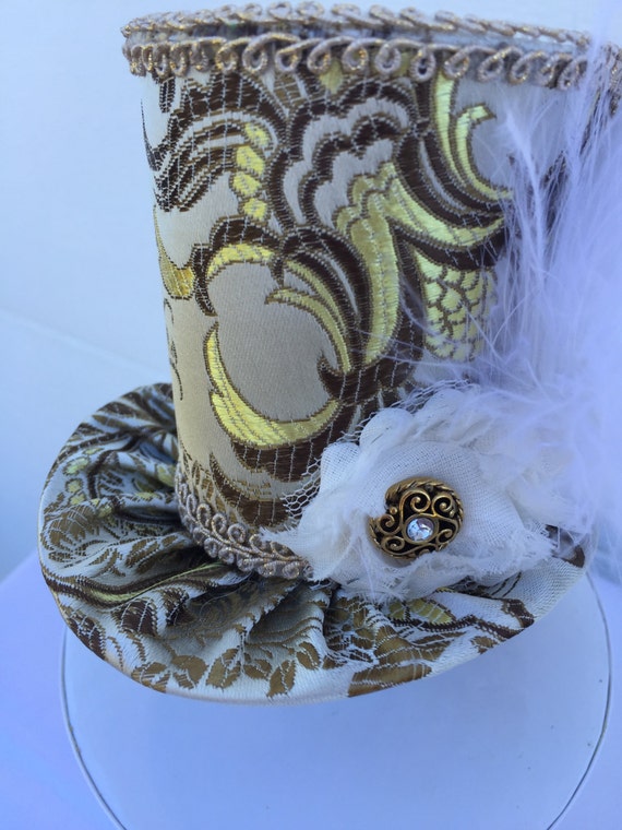 Brocade Feather Topper Hat Ketucky Derby Style Capeline Hat in Pinstripe Brocade,w  main image 3